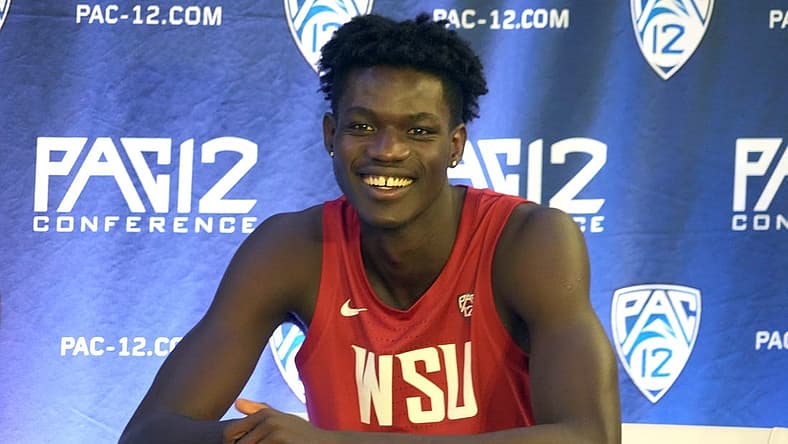 Oct 26, 2022; San Francisco, CA, USA; Washington State Cougars forward Mouhamed Gueye (35) reacts during Pac-12 Media Day at Pac-12 Network Studios. Mandatory Credit: Kirby Lee-USA TODAY Sports