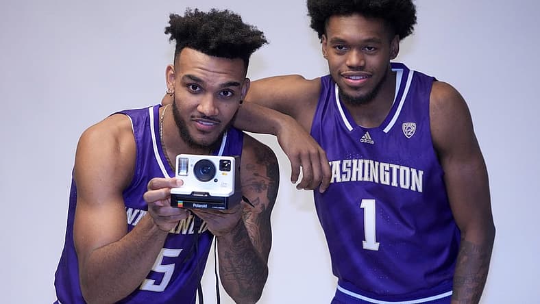 Oct 26, 2022; San Francisco, CA, USA; Washington Huskies guard Jamal Bey (5) poses with forward Keion Brooks Jr. (1) during Pac-12 Media Day at Pac-12 Network Studios. Mandatory Credit: Kirby Lee-USA TODAY Sports