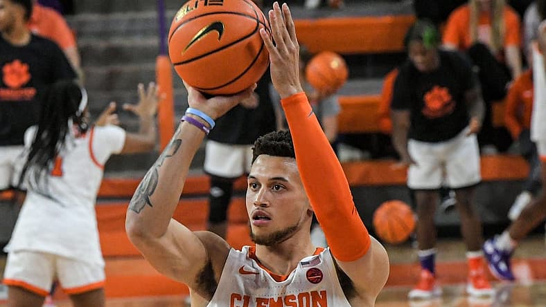 Clemson junior guard Chase Hunter (1) participates in a three-point competition during Rock the John basketball season kickoff event at Littlejohn Coliseum in Clemson, S.C. Thursday, October 27, 2022.
Rock The John Basketball Season Kickoff Event