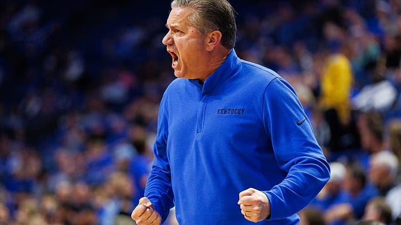Oct 30, 2022; Lexington, Kentucky, USA; Kentucky Wildcats head coach John Calipari yells across the court during the first half against the Missouri Western State Griffons at Rupp Arena at Central Bank Center. Mandatory Credit: Jordan Prather-USA TODAY Sports
