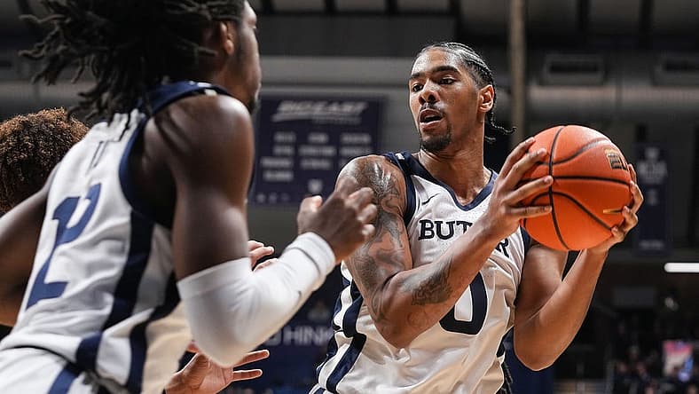 Butler Bulldogs forward D.J. Hughes (0) prepares to pass the ball Tuesday, Nov. 1, 2022, at Hinkle Fieldhouse in Indianapolis. The Butler Bulldogs defeat the Davenport Panthers, 91-55, in the preseason scrimmage.

Ncaa Basketball Butler Basketball Vs Davenport Exhibition Davenport At Butler Bulldogs