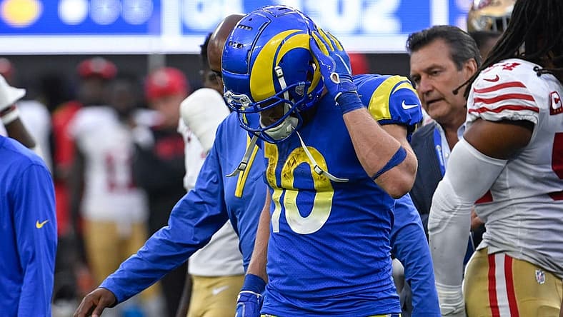 Oct 30, 2022; Inglewood, California, USA; Los Angeles Rams wide receiver Cooper Kupp (10) walks off the field after sustaining an injury in the fourth quarter against the San Francisco 49ers at SoFi Stadium. Mandatory Credit: Robert Hanashiro-USA TODAY Sports