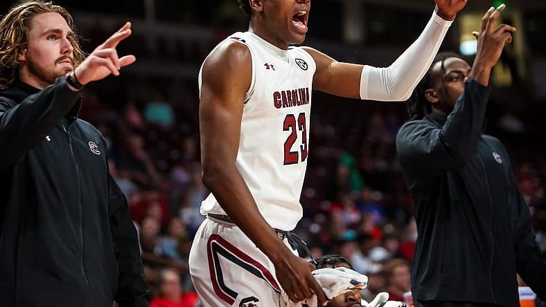 Nov 2, 2022; Columbia, South Carolina, US; South Carolina Gamecocks forward Gregory "GG" Jackson II (23) cheers a teammate during the game against the Mars Hill Lions in the second half at Colonial Life Arena. Mandatory Credit: Jeff Blake-USA TODAY Sports