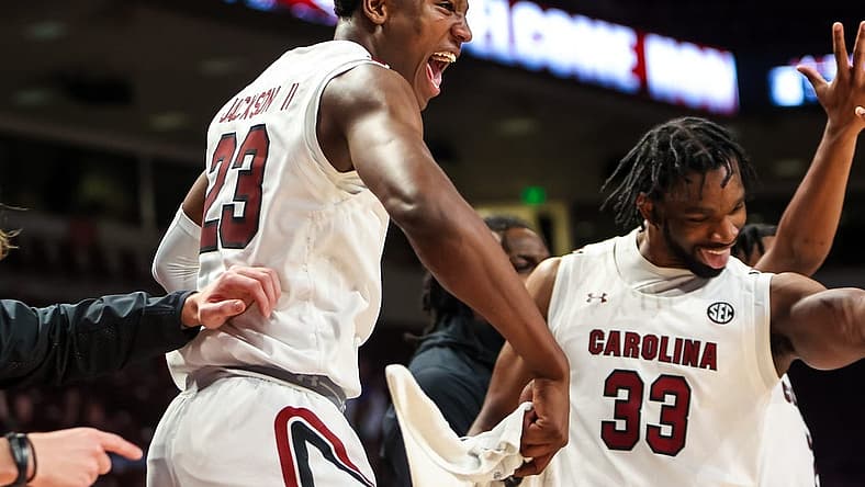 Nov 2, 2022; Columbia, South Carolina, US; South Carolina Gamecocks forward Gregory "GG" Jackson II (23) cheers a teammate during the second half against the Mars Hill Lions at Colonial Life Arena. Mandatory Credit: Jeff Blake-USA TODAY Sports