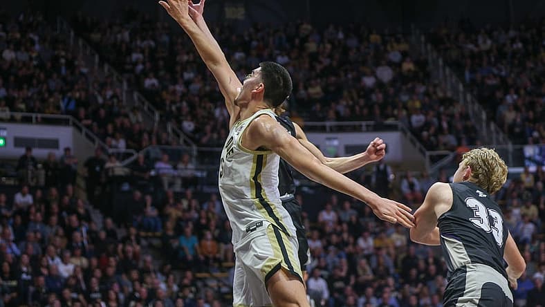 Purdue Boilermakers Zach Edey (15) blocks a shot during the NCAA men   s basketball exhibition game against the Truman State Bulldogs, Wednesday, Nov. 2, 2022, at Mackey Arena in West Lafayette, Ind.

Nf2 7690 2