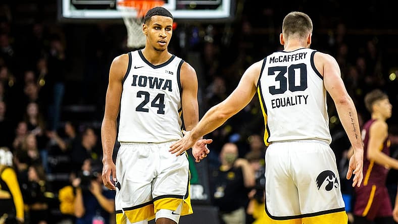 Iowa forward Kris Murray, left, high-fives guard Connor McCaffery during a NCAA men's basketball game against Bethune-Cookman, Monday, Nov. 7, 2022, at Carver-Hawkeye Arena in Iowa City, Iowa.

221107 Bethune Cookman Iowa Mbb 006 Jpg