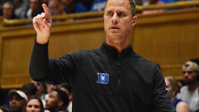 Nov 7, 2022; Durham, North Carolina, USA; Duke Blue Devils head coach Jon Scheyer directs his team during the first half against the Jacksonville Dolphins at Cameron Indoor Stadium. Mandatory Credit: Rob Kinnan-USA TODAY Sports