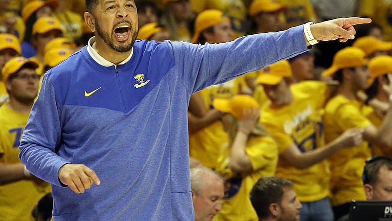 Nov 7, 2022; Pittsburgh, Pennsylvania, USA; Pittsburgh Panthers head coach Jeff Capel reacts on the sidelines against the Tennessee-Martin Skyhawks during the first half at the Petersen Events Center. Mandatory Credit: Charles LeClaire-USA TODAY Sports