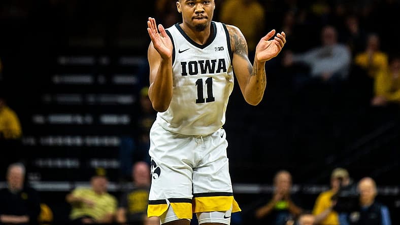 Iowa guard Tony Perkins (11) reacts after a basket during a NCAA men's basketball game against Bethune-Cookman, Monday, Nov. 7, 2022, at Carver-Hawkeye Arena in Iowa City, Iowa.

221107 Bethune Cookman Iowa Mbb 039 Jpg