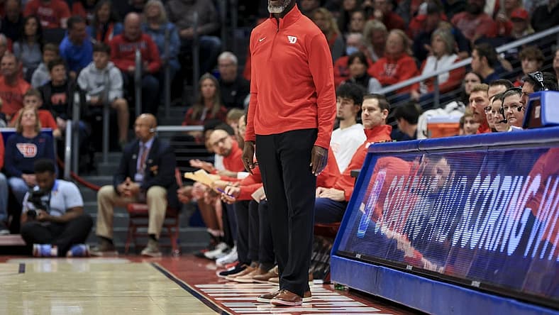Nov 7, 2022; Dayton, Ohio, USA; Dayton Flyers head coach Anthony Grant works the sideline in the game against the Lindenwood Lions in the first half at University of Dayton Arena. Mandatory Credit: Aaron Doster-USA TODAY Sports