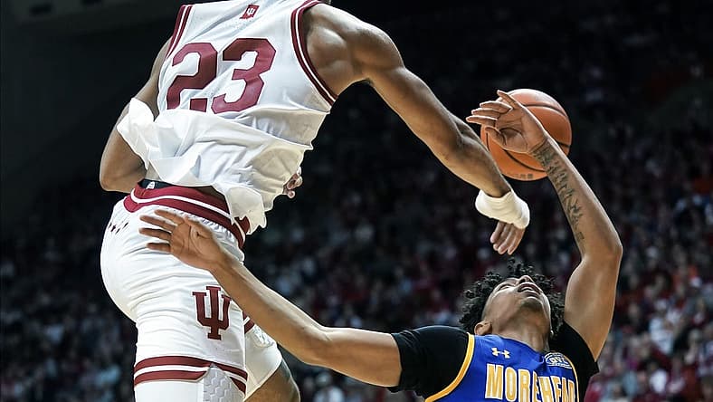 Nov 7, 2022; Bloomington, Indiana, USA; Indiana Hoosiers forward Trayce Jackson-Davis (23) blocks the shot attempt from Morehead State Eagles guard Trent Scott (11) during the second half at Simon Skjodt Assembly Hall. Mandatory Credit: Robert Goddin-USA TODAY Sports