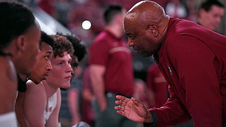 Nov 7, 2022; Tallahassee, Florida, USA; Florida State Seminoles head coach Leonard Hamilton with his starting five before the game against the Stetson Hatters at Donald L. Tucker Center. Mandatory Credit: Melina Myers-USA TODAY Sports