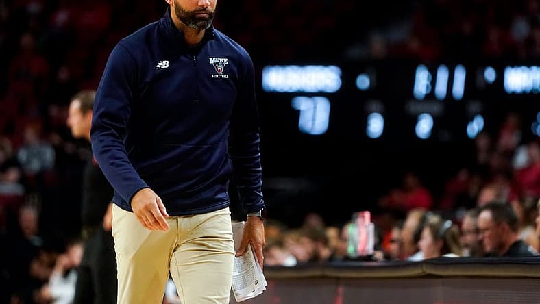 Nov 7, 2022; Lincoln, Nebraska, USA; Maine Black Bears head coach Chris Markwood walks along the bench during the second half against the Nebraska Cornhuskers at Pinnacle Bank Arena. Mandatory Credit: Dylan Widger-USA TODAY Sports