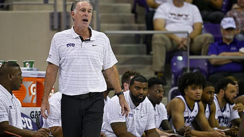 Nov 7, 2022; Fort Worth, Texas, USA; TCU Horned Frogs head coach Jamie Dixon yells to his team during the second half against the Arkansas-Pine Bluff Golden Lions at Ed and Rae Schollmaier Arena. Mandatory Credit: Jerome Miron-USA TODAY Sports