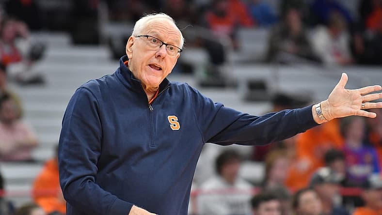 Nov 7, 2022; Syracuse, New York, USA; Syracuse Orange head coach Jim Boeheim reacts to a play in the second half against the Lehigh Mountain Hawks at JMA Wireless Dome. Mandatory Credit: Mark Konezny-USA TODAY Sports