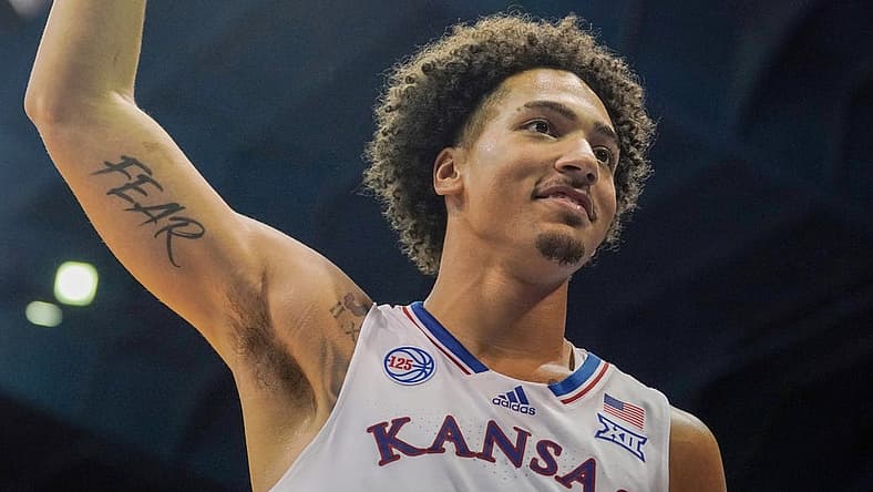 Nov 7, 2022; Lawrence, Kansas, USA; Kansas Jayhawks forward Jalen Wilson (10) celebrates with teammates after a score against the Omaha Mavericks during the second half at Allen Fieldhouse. Mandatory Credit: Denny Medley-USA TODAY Sports