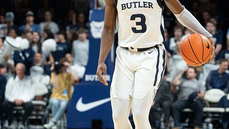 Butler Bulldogs guard Chuck Harris (3) takes the ball up the court Monday, Nov. 7, 2022, at Hinkle Fieldhouse in Indianapolis.

Butler 11072022 Af015