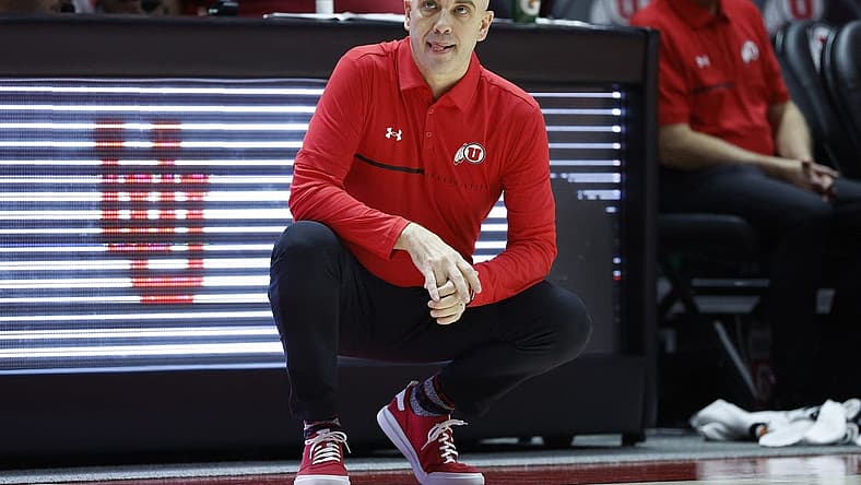 Nov 7, 2022; Salt Lake City, Utah, USA; Utah Utes head basketball coach Craig Smith keeps an eye on the action against the LIU Sharks at Jon M. Huntsman Center. Mandatory Credit: Jeffrey Swinger-USA TODAY Sports