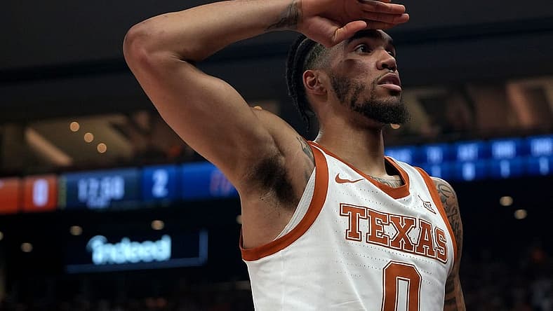 Texas Longhorns' Timmy Allen salutes the student section after scoring during the game against UTEP Miners Monday, Nov. 7, 2022, at the Moody Center in Austin.
Ut Vs Utep Mens Bball Bsa 004