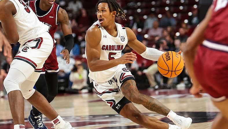 Nov 8, 2022; Columbia, South Carolina, USA; South Carolina Gamecocks guard Meechie Johnson (5) drives against the South Carolina State Bulldogs in the first half at Colonial Life Arena. Mandatory Credit: Jeff Blake-USA TODAY Sports