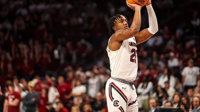 Nov 8, 2022; Columbia, South Carolina, USA; South Carolina Gamecocks guard Chico Carter Jr. (25) shoots a technical foul shot against the South Carolina State Bulldogs in the second half at Colonial Life Arena. Mandatory Credit: Jeff Blake-USA TODAY Sports