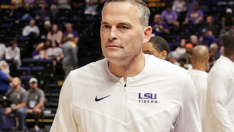 Nov 9, 2022; Baton Rouge, Louisiana, USA; LSU Tigers head coach Matt McMahon walks on the court during the first half against the UMKC Kangaroos at Pete Maravich Assembly Center. Mandatory Credit: Stephen Lew-USA TODAY Sports