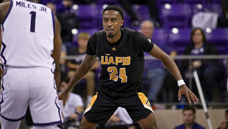 Nov 7, 2022; Fort Worth, Texas, USA; Arkansas-Pine Bluff Golden Lions guard AC Curry (24) in action during the game between the TCU Horned Frogs and the Arkansas-Pine Bluff Golden Lions at Ed and Rae Schollmaier Arena. Mandatory Credit: Jerome Miron-USA TODAY Sports