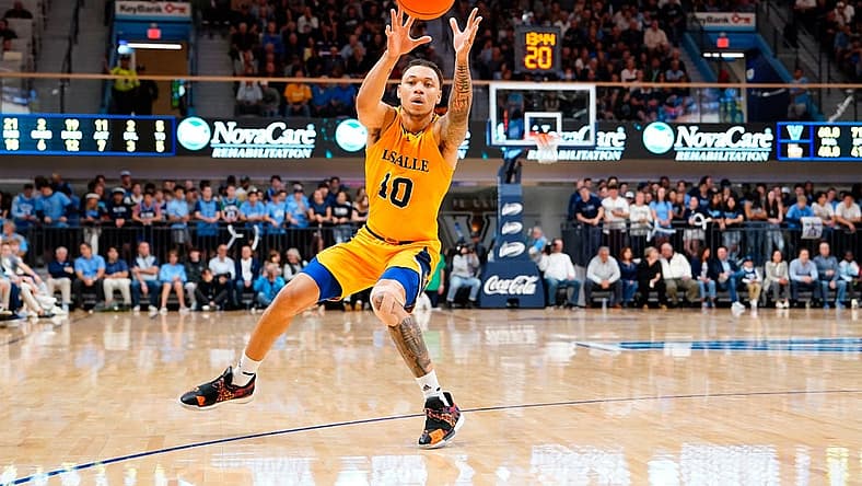 Nov 7, 2022; Villanova, Pennsylvania, USA; La Salle Explorers guard Josh Nickelberry (10) passes the ball against the Villanova Wildcats during the second half at William B. Finneran Pavilion. Mandatory Credit: Gregory Fisher-USA TODAY Sports