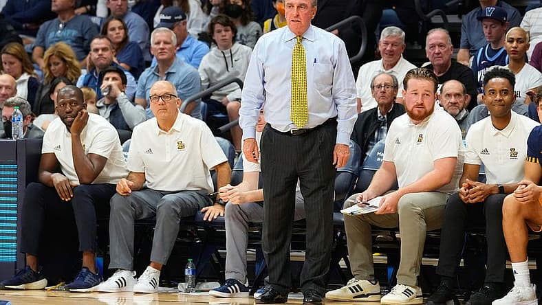 Nov 7, 2022; Villanova, Pennsylvania, USA; La Salle Explorers head coach Fran Dunphy looks on from the bench during the second half against the Villanova Wildcats at William B. Finneran Pavilion. Mandatory Credit: Gregory Fisher-USA TODAY Sports
