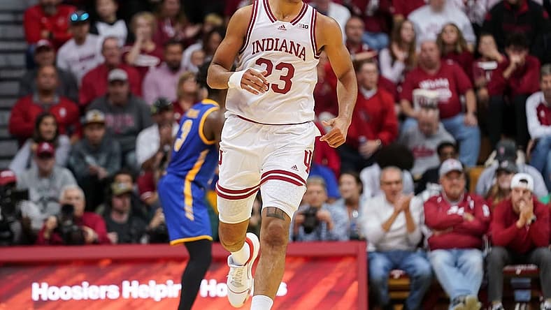 Nov 7, 2022; Bloomington, Indiana, USA; Indiana Hoosiers forward Trayce Jackson-Davis (23) smiles during the second half at Simon Skjodt Assembly Hall. Mandatory Credit: Robert Goddin-USA TODAY Sports