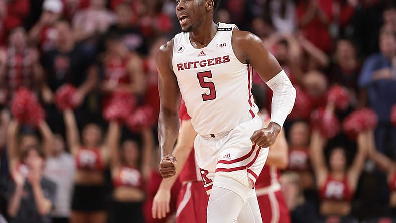 Nov 10, 2022; Piscataway, New Jersey, USA; Rutgers Scarlet Knights forward Aundre Hyatt (5) reacts after a three-point basket during the first half against the Sacred Heart Pioneers at Jersey Mike's Arena. Mandatory Credit: Vincent Carchietta-USA TODAY Sports