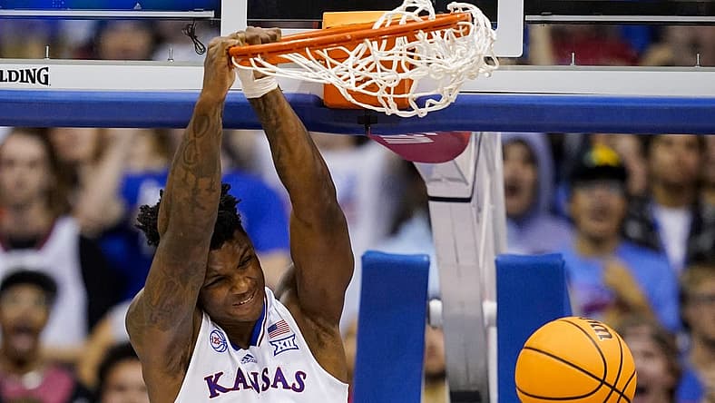 Nov 10, 2022; Lawrence, Kansas, USA; Kansas Jayhawks forward K.J. Adams Jr. (24) dunks the ball during the first half against the North Dakota State Bison at Allen Fieldhouse. Mandatory Credit: Jay Biggerstaff-USA TODAY Sports