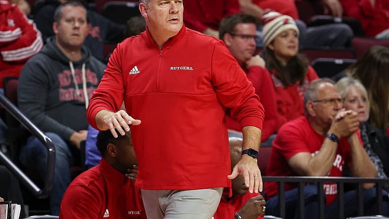 Nov 10, 2022; Piscataway, New Jersey, USA; Rutgers Scarlet Knights head coach Steve Pikiell looks on during the first half against the Sacred Heart Pioneers at Jersey Mike's Arena. Mandatory Credit: Vincent Carchietta-USA TODAY Sports
