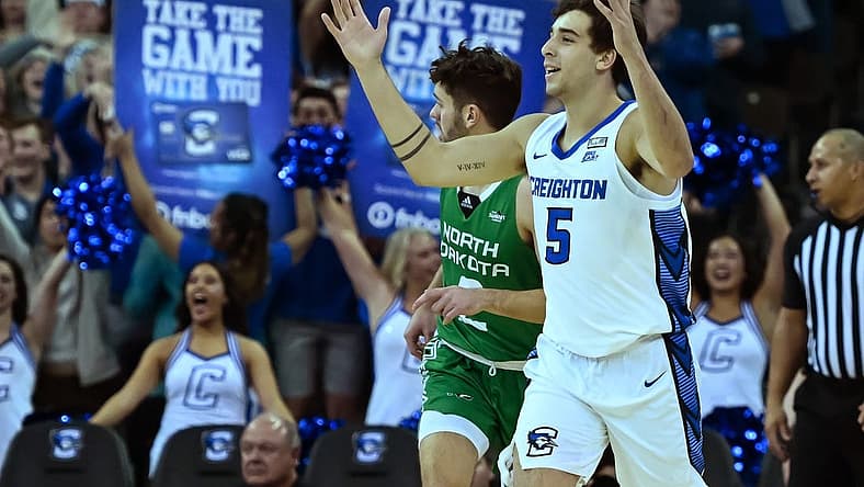 Nov 10, 2022; Omaha, Nebraska, USA; Creighton Bluejays guard Francisco Farabello (5) celebrates after a three-point basket against the North Dakota Fighting Hawks during the first half at CHI Health Center Omaha. Mandatory Credit: Steven Branscombe-USA TODAY Sports