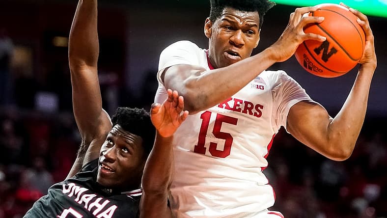 Nov 10, 2022; Lincoln, Nebraska, USA; Nebraska Cornhuskers forward Blaise Keita (15) grabs a rebound against Nebraska-Omaha Mavericks guard Ja'Sean Glover (5) during the second half at Pinnacle Bank Arena. Mandatory Credit: Dylan Widger-USA TODAY Sports
