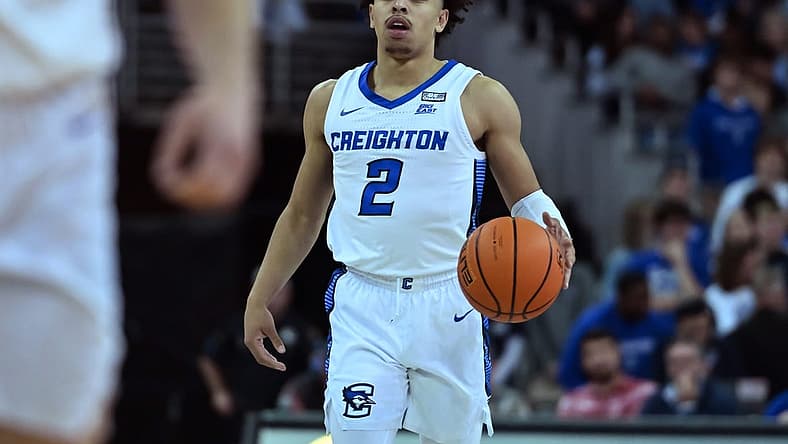 Nov 10, 2022; Omaha, Nebraska, USA; Creighton Bluejays guard Ryan Nembhard (2) dribbles against the North Dakota Fighting Hawks during the second half at CHI Health Center Omaha. Mandatory Credit: Steven Branscombe-USA TODAY Sports