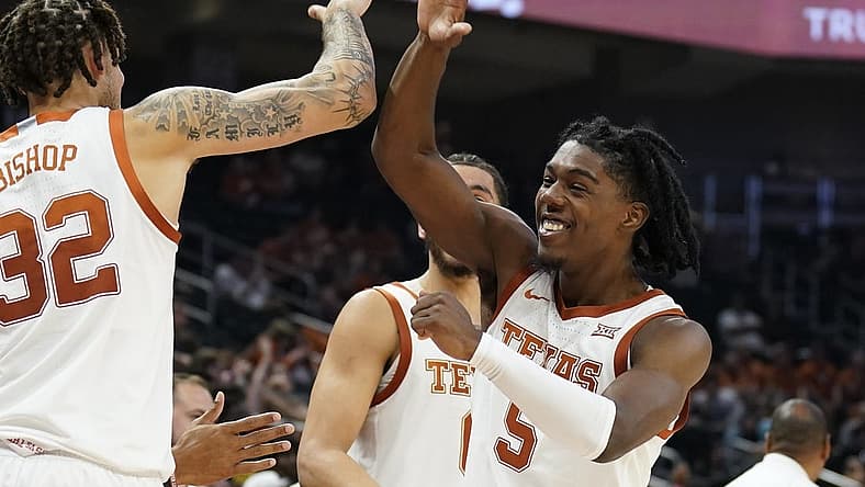 Nov 10, 2022; Austin, Texas, USA; Texas Longhorns guard guard Marcus Carr (5) reacts from the bench during the second half against the Houston Christian Huskies at Moody Center. Mandatory Credit: Scott Wachter-USA TODAY Sports