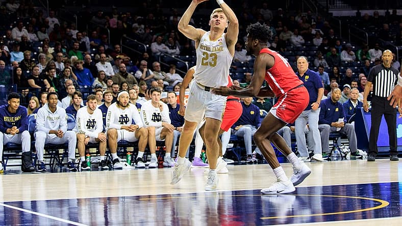 Notre Dame guard Dane Goodwin (23) goes up for a shot as Radford guard Bryan Antoine (14) defends during the Radford-Notre Dame NCAA Men   s basketball game on Thursday, November 10, 2022, at Purcell Pavilion in South Bend, Indiana.

Radford Vs Notre Dame