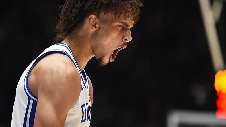Nov 11, 2022; Durham, North Carolina, USA; Duke Blue Devils center Dereck Lively (1) reacts during the first half against the South Carolina Upstate Spartans at Cameron Indoor Stadium. Mandatory Credit: Rob Kinnan-USA TODAY Sports