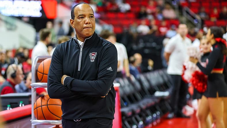 Nov 11, 2022; Raleigh, North Carolina, USA; North Carolina State Wolfpack head coach Kevin Keatts watches his team before the game against the Campbell Fighting Camels at PNC Arena. Mandatory Credit: Jaylynn Nash-USA TODAY Sports