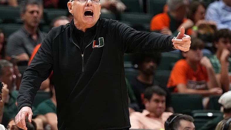 Nov 11, 2022; Coral Gables, Florida, USA; Miami Hurricanes head coach Jim Larranaga reacts during the second half against the UNC Greensboro Spartans at Watsco Center. Mandatory Credit: Jasen Vinlove-USA TODAY Sports
