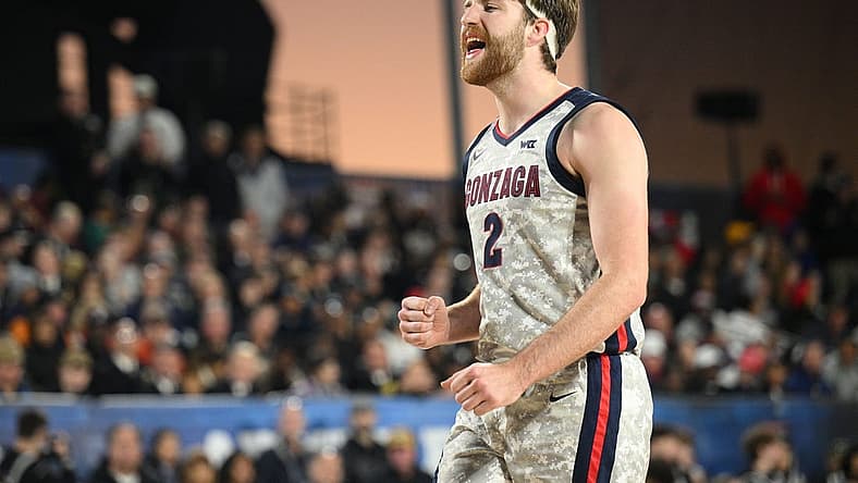 Nov 11, 2022; San Diego, California, US; Gonzaga Bulldogs forward Drew Timme (2) reacts during the second half against the Michigan State Spartans at USS Abraham Lincoln. Mandatory Credit: Orlando Ramirez-USA TODAY Sports