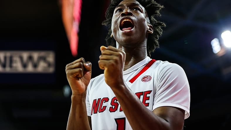 Nov 11, 2022; Raleigh, North Carolina, USA; North Carolina State Wolfpack guard Jarkel Joiner (1) reacts during the second half against Campbell Fighting Camels at PNC Arena. Mandatory Credit: Jaylynn Nash-USA TODAY Sports