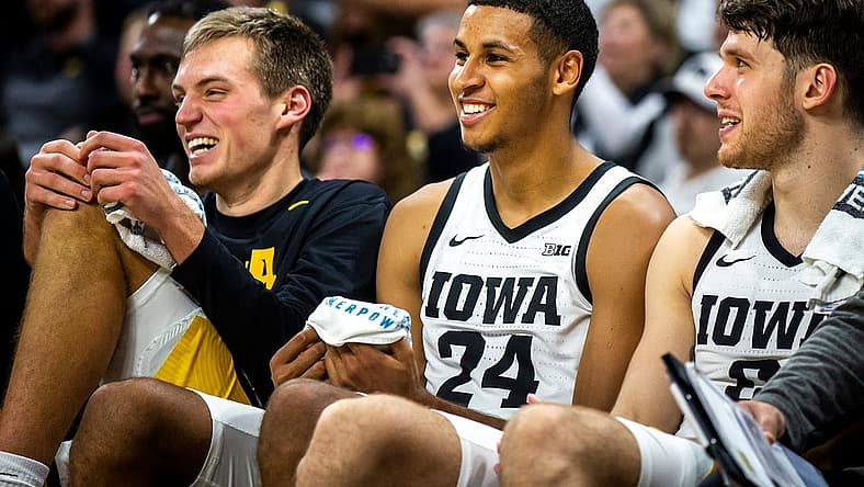 From left, Iowa forwards Payton Sandfort, left, Kris Murray and Filip Rebraca smile on the bench during a NCAA men's basketball game against North Carolina A&T, Friday, Nov. 11, 2022, at Carver-Hawkeye Arena in Iowa City, Iowa.
221111 Nc At Iowa Mbb 036 Jpg