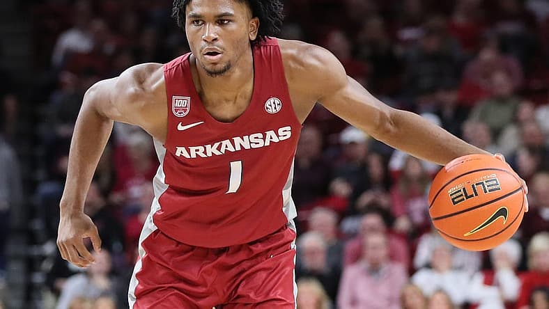 Nov 11, 2022; Fayetteville, Arkansas, USA; Arkansas Razorbacks guard Ricky Council IV (1) dribbles in the second half against the Fordham Rams at Bud Walton Arena. Arkansas won 74-48. Mandatory Credit: Nelson Chenault-USA TODAY Sports
