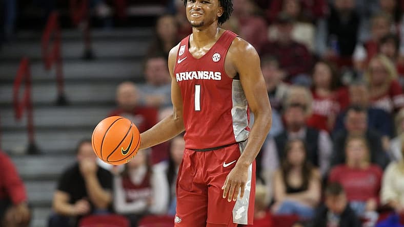 Nov 11, 2022; Fayetteville, Arkansas, USA; Arkansas Razorbacks guard Ricky Council IV (1) during the second half against the Fordham Rams at Bud Walton Arena. Arkansas won 74-48. Mandatory Credit: Nelson Chenault-USA TODAY Sports
