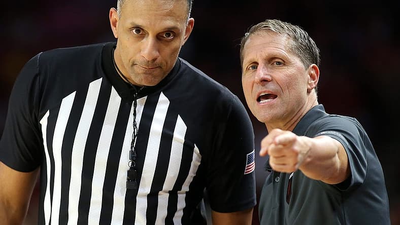 Nov 11, 2022; Fayetteville, Arkansas, USA; Arkansas Razorbacks head coach Eric Musselman talks to an official during the game against the Fordham Rams at Bud Walton Arena. Arkansas won 74-48. Mandatory Credit: Nelson Chenault-USA TODAY Sports