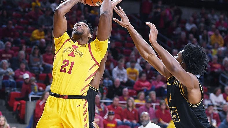 Iowa State University Cyclones center Osun Osunniyi (21) takes a shot around North Carolina A&T Aggies forward Webster Filmore (25) during the first half at Hilton Coliseum Sunday, Nov. 13, 2022, in Ames, Iowa. Photo by Nirmalendu Majumdar/Ames Tribune
Ncaa Men S Basketball