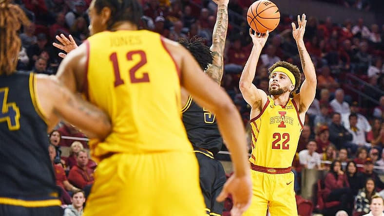 Iowa State University Cyclones guard Gabe Kalscheur (22) takes a three point shot against North Carolina A&T during the first half at Hilton Coliseum Sunday, Nov. 13, 2022, in Ames, Iowa.  Photo by Nirmalendu Majumdar/Ames Tribune

Ncaa Men S Basketball