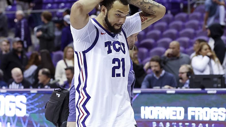 Nov 14, 2022; Fort Worth, Texas, USA; TCU Horned Frogs forward JaKobe Coles (21) reacts after the loss against the Northwestern State Demons at Ed and Rae Schollmaier Arena. Mandatory Credit: Kevin Jairaj-USA TODAY Sports